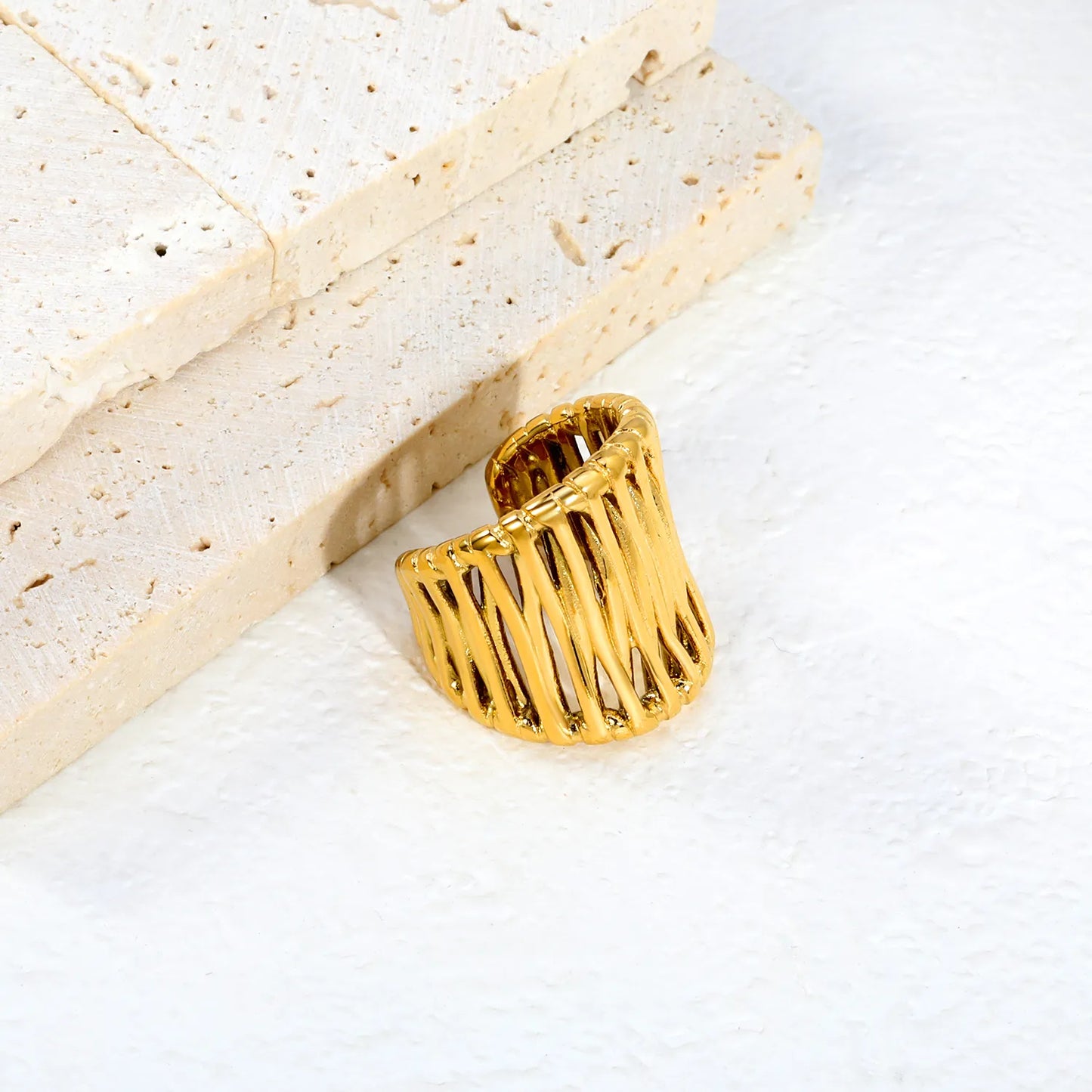 Irregular Woven Open Cuff Wide Band Gold Ring | 18K Gold Plated Stainless Steel Adjustable Open Ring | US Size 7 |  Wholesale Bulk Order 12