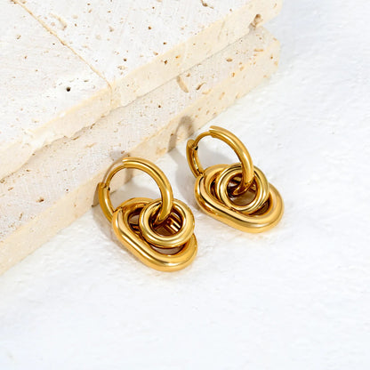Interlocked Oval Link Dangle Huggie Earrings 14×20mm | 18K Gold Plated & Two-Tone Stainless Steel | Chunky Chain Drop Hoops | Wholesale MOQ 12
