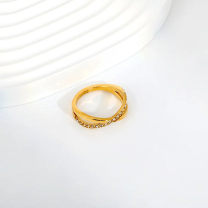 Twisted Split Band Paved CZ Gold Ring | 6mm Width | 18K Gold Plated Stainless Steel Stackable Ring | Sizes 8 |  Wholesale MOQ 12
