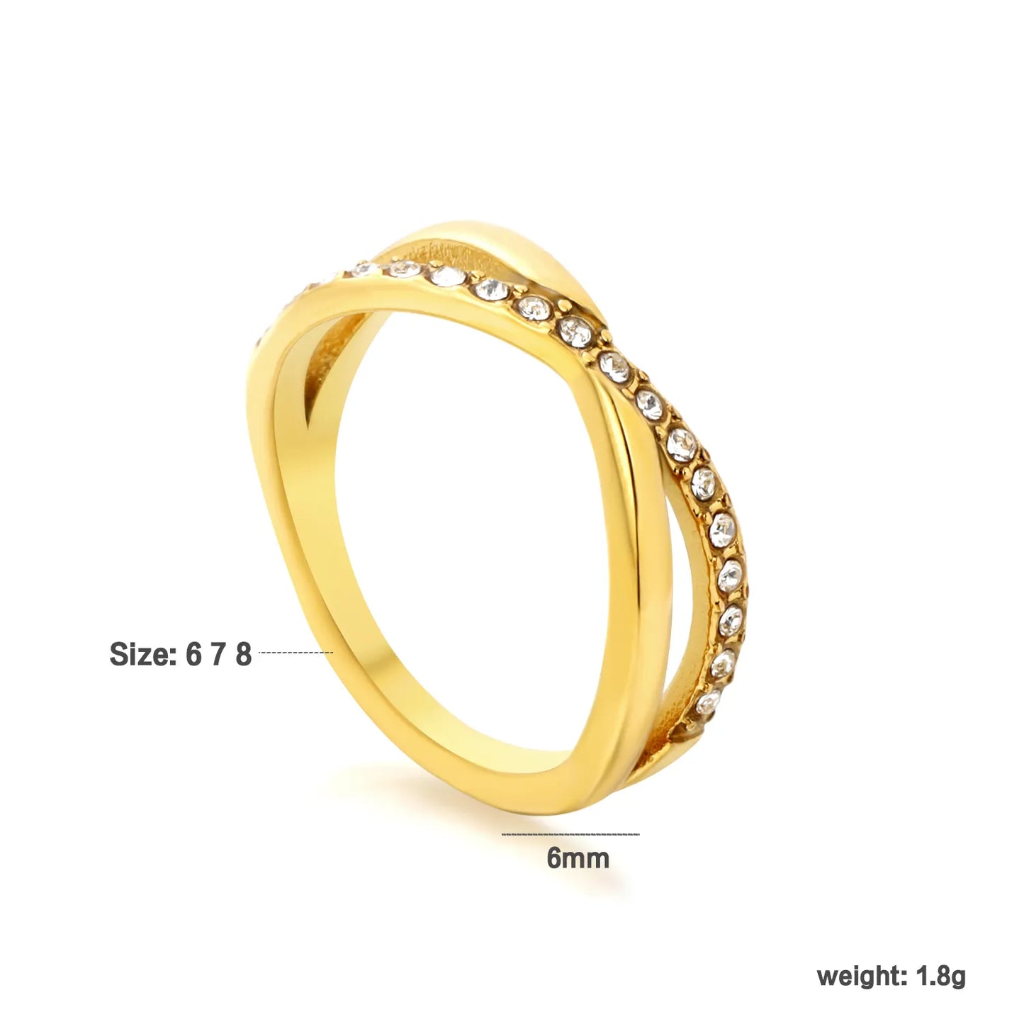 Twisted Split Band Paved CZ Gold Ring | 6mm Width | 18K Gold Plated Stainless Steel Stackable Ring | Sizes 8 |  Wholesale MOQ 12