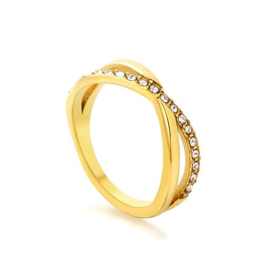 Twisted Split Band Paved CZ Gold Ring | 6mm Width | 18K Gold Plated Stainless Steel Stackable Ring | Sizes 8 |  Wholesale MOQ 12
