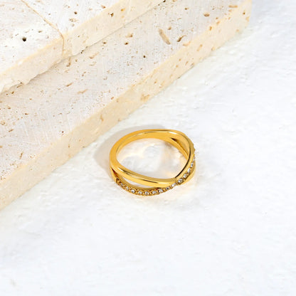 Twisted Split Band Paved CZ Gold Ring | 6mm Width | 18K Gold Plated Stainless Steel Stackable Ring | Sizes 8 |  Wholesale MOQ 12