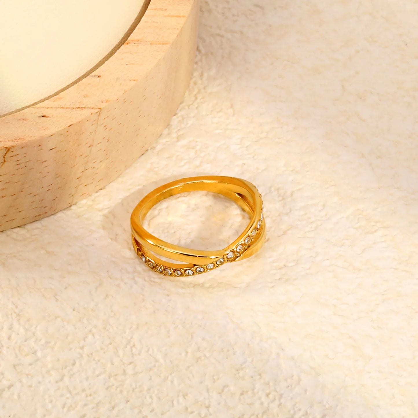 Twisted Split Band Paved CZ Gold Ring | 6mm Width | 18K Gold Plated Stainless Steel Stackable Ring | Sizes 8 |  Wholesale MOQ 12
