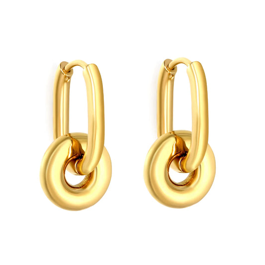 Interlocked Donut Drop Huggie Earrings | 2.5×8.5×17.4mm Hoop | Gold & Mixed Color | Chunky Circle Dangle Hoops | Wholesale MOQ 12