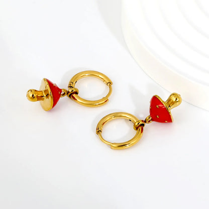 Red Enamel Spotted Mushroom Dangle Huggie Earrings | 18K Gold Plated Stainless Steel | Cute Fungus Charm Drop Hoops | Wholesale MOQ 12