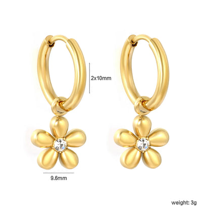 CZ Center Flower Dangle Huggie Hoop Earrings 2×10mm Hoop | 18K Gold Plated Stainless Steel | Hypoallergenic | Wholesale MOQ 12