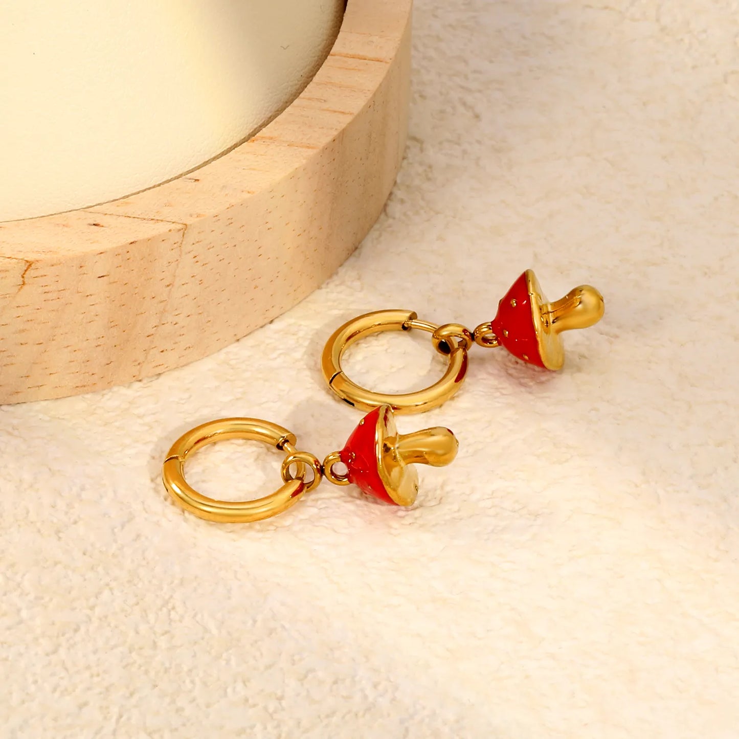 Red Enamel Spotted Mushroom Dangle Huggie Earrings | 18K Gold Plated Stainless Steel | Cute Fungus Charm Drop Hoops | Wholesale MOQ 12