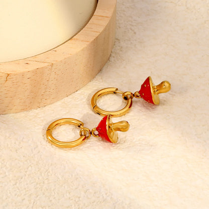 Red Enamel Spotted Mushroom Dangle Huggie Earrings | 18K Gold Plated Stainless Steel | Cute Fungus Charm Drop Hoops | Wholesale MOQ 12
