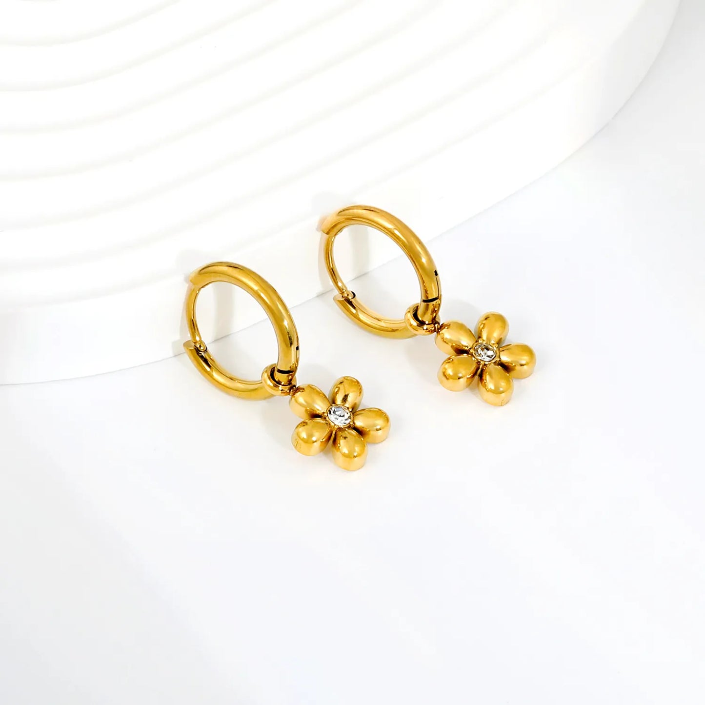 CZ Center Flower Dangle Huggie Hoop Earrings 2×10mm Hoop | 18K Gold Plated Stainless Steel | Hypoallergenic | Wholesale MOQ 12
