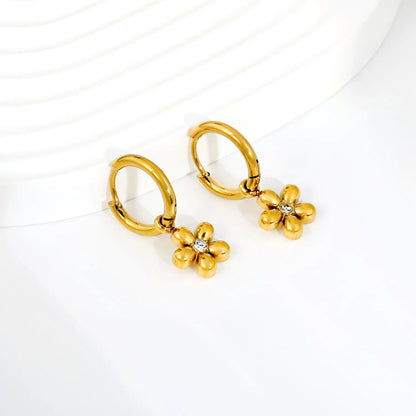 CZ Center Flower Dangle Huggie Hoop Earrings 2×10mm Hoop | 18K Gold Plated Stainless Steel | Hypoallergenic | Wholesale MOQ 12