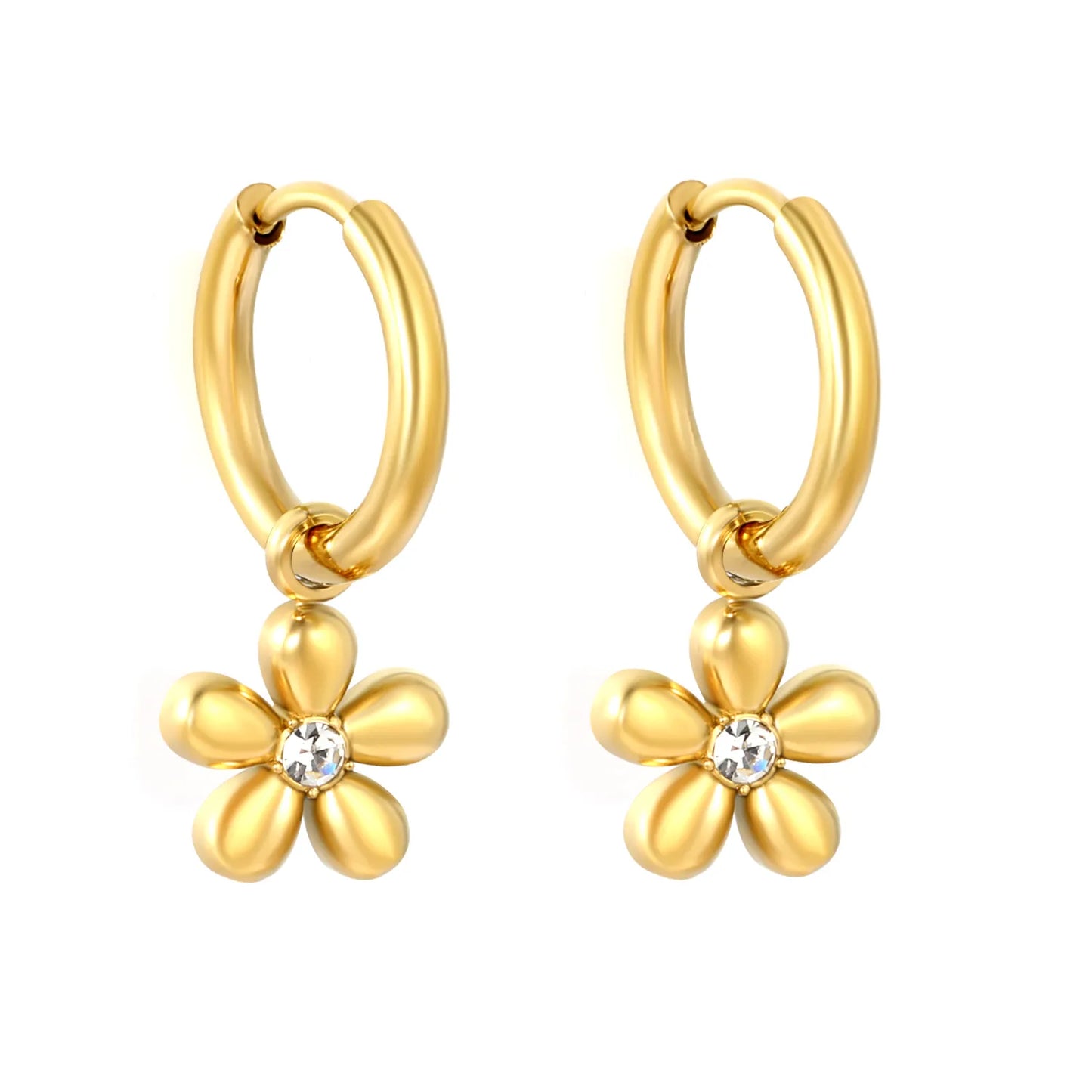 CZ Center Flower Dangle Huggie Hoop Earrings 2×10mm Hoop | 18K Gold Plated Stainless Steel | Hypoallergenic | Wholesale MOQ 12