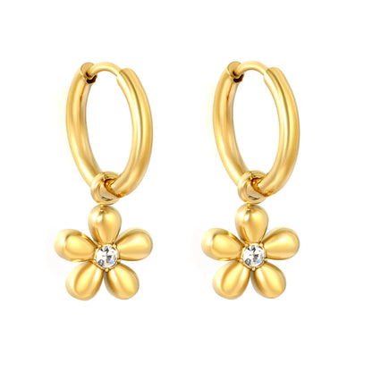 CZ Center Flower Dangle Huggie Hoop Earrings 2×10mm Hoop | 18K Gold Plated Stainless Steel | Hypoallergenic | Wholesale MOQ 12