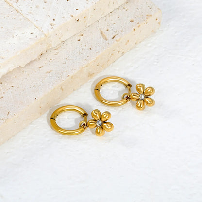 CZ Center Flower Dangle Huggie Hoop Earrings 2×10mm Hoop | 18K Gold Plated Stainless Steel | Hypoallergenic | Wholesale MOQ 12