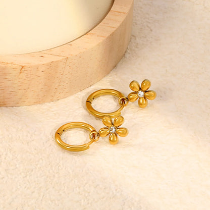 CZ Center Flower Dangle Huggie Hoop Earrings 2×10mm Hoop | 18K Gold Plated Stainless Steel | Hypoallergenic | Wholesale MOQ 12