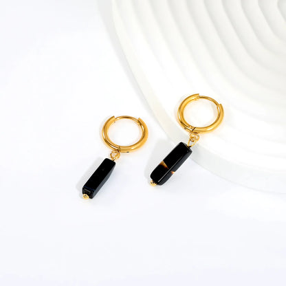 Natural Stone Bar Dangle Huggie Hoop Earrings 2×10mm Hoop | 18K Gold Plated Stainless Steel | 5 Natural Gemstone Options | Wholesale MOQ 12