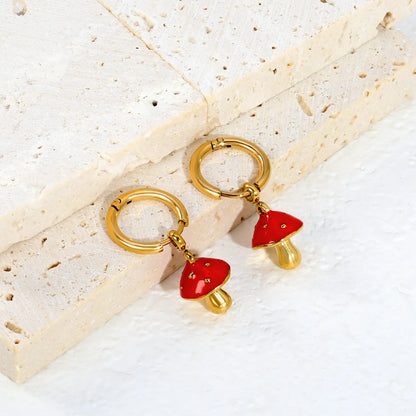 Red Enamel Spotted Mushroom Dangle Huggie Earrings | 18K Gold Plated Stainless Steel | Cute Fungus Charm Drop Hoops | Wholesale MOQ 12