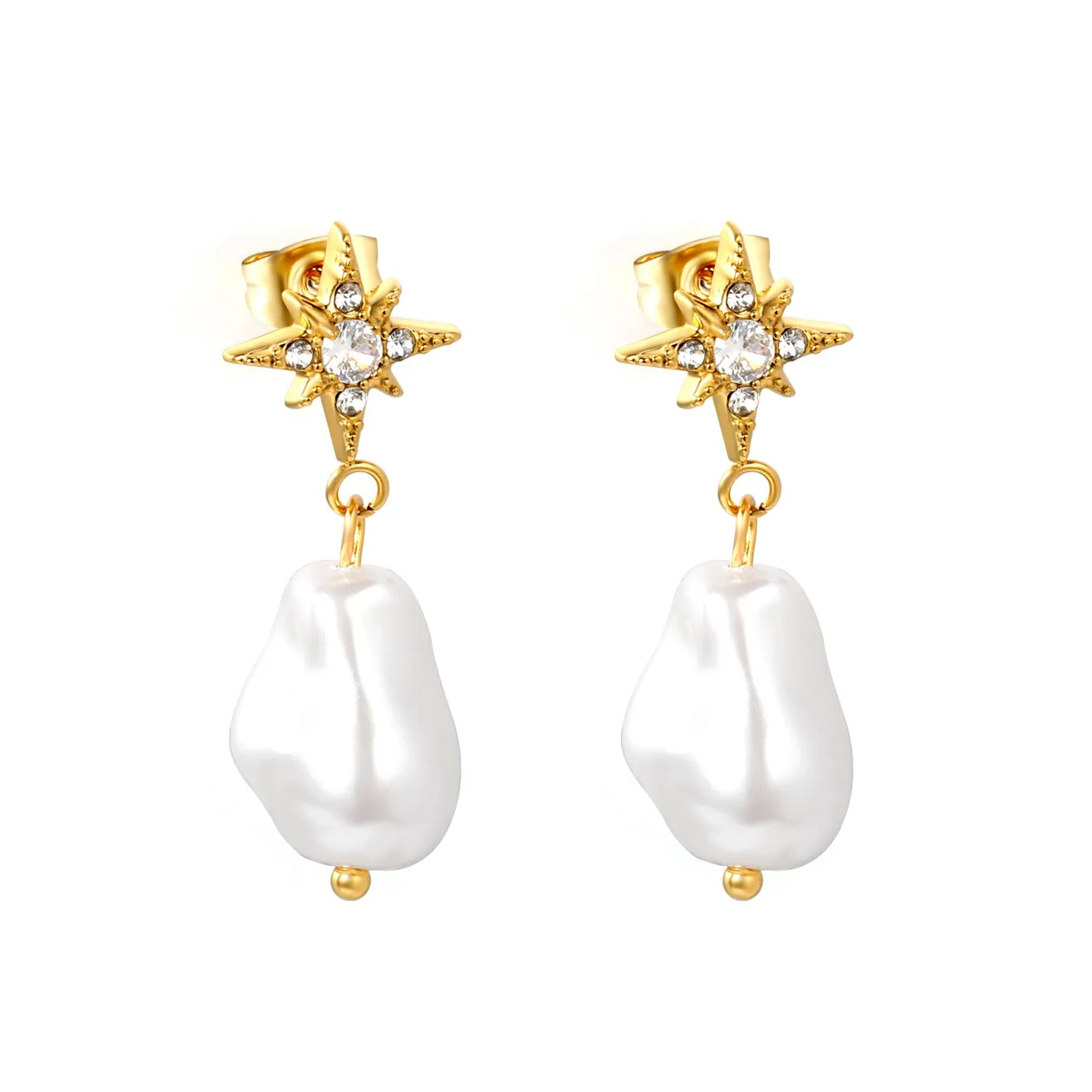 CZ North Star Irregular Baroque Pearl Drop Stud Earrings | Star 12mm | 18K Gold Plated Stainless Steel | Wholesale MOQ 12