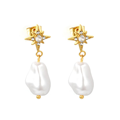 CZ North Star Irregular Baroque Pearl Drop Stud Earrings | Star 12mm | 18K Gold Plated Stainless Steel | Wholesale MOQ 12
