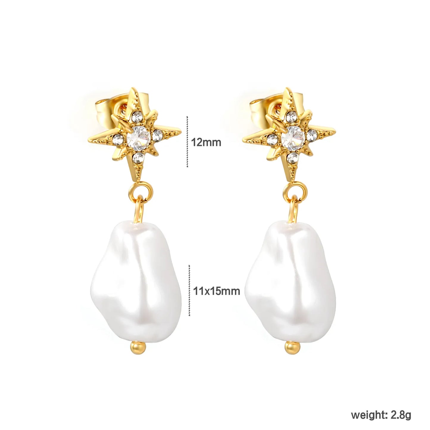 CZ North Star Irregular Baroque Pearl Drop Stud Earrings | Star 12mm | 18K Gold Plated Stainless Steel | Wholesale MOQ 12
