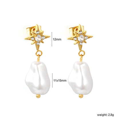 CZ North Star Irregular Baroque Pearl Drop Stud Earrings | Star 12mm | 18K Gold Plated Stainless Steel | Wholesale MOQ 12