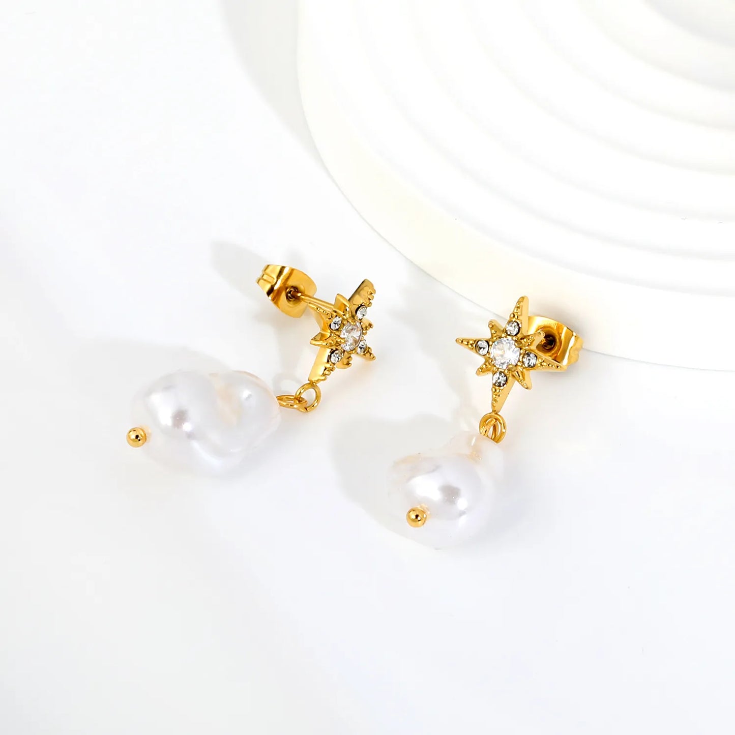 CZ North Star Irregular Baroque Pearl Drop Stud Earrings | Star 12mm | 18K Gold Plated Stainless Steel | Wholesale MOQ 12