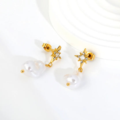 CZ North Star Irregular Baroque Pearl Drop Stud Earrings | Star 12mm | 18K Gold Plated Stainless Steel | Wholesale MOQ 12