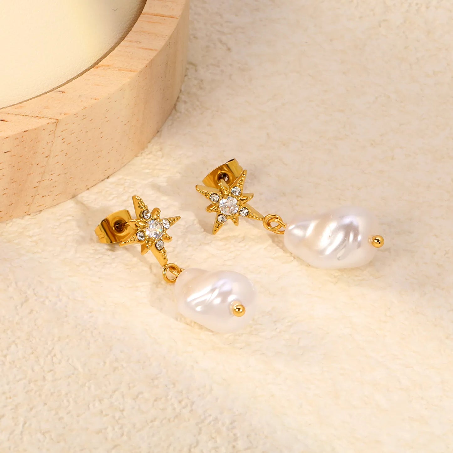 CZ North Star Irregular Baroque Pearl Drop Stud Earrings | Star 12mm | 18K Gold Plated Stainless Steel | Wholesale MOQ 12