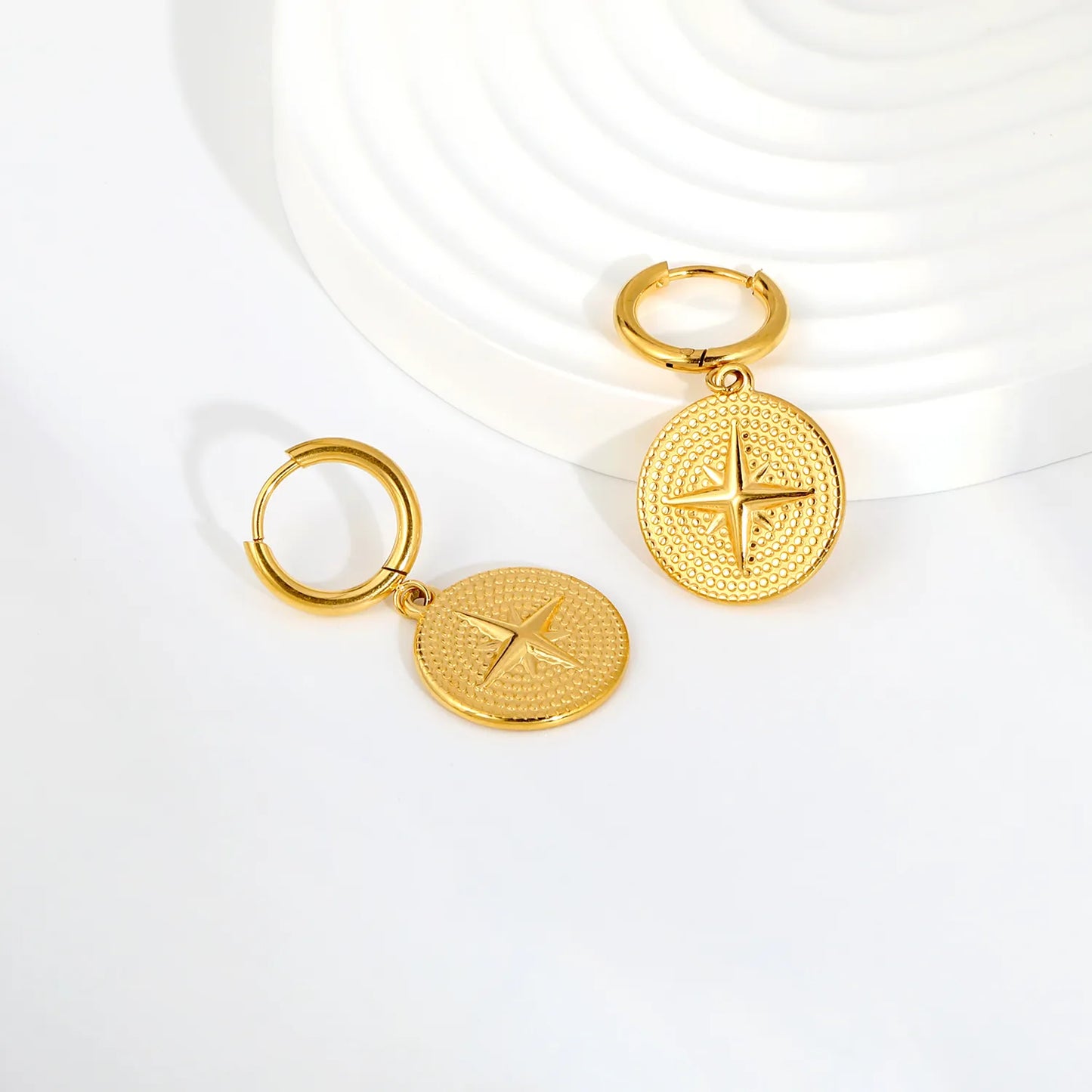 North Star Embossed Coin Dangle Huggie Earrings | 2×10mm Hoop | 18K Gold Plated Stainless Steel | Textured Medallion Drop Earrings | Wholesale MOQ 12