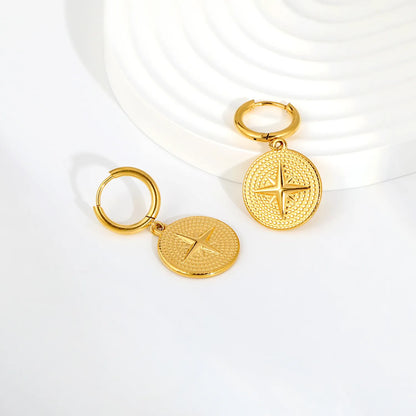 North Star Embossed Coin Dangle Huggie Earrings | 2×10mm Hoop | 18K Gold Plated Stainless Steel | Textured Medallion Drop Earrings | Wholesale MOQ 12