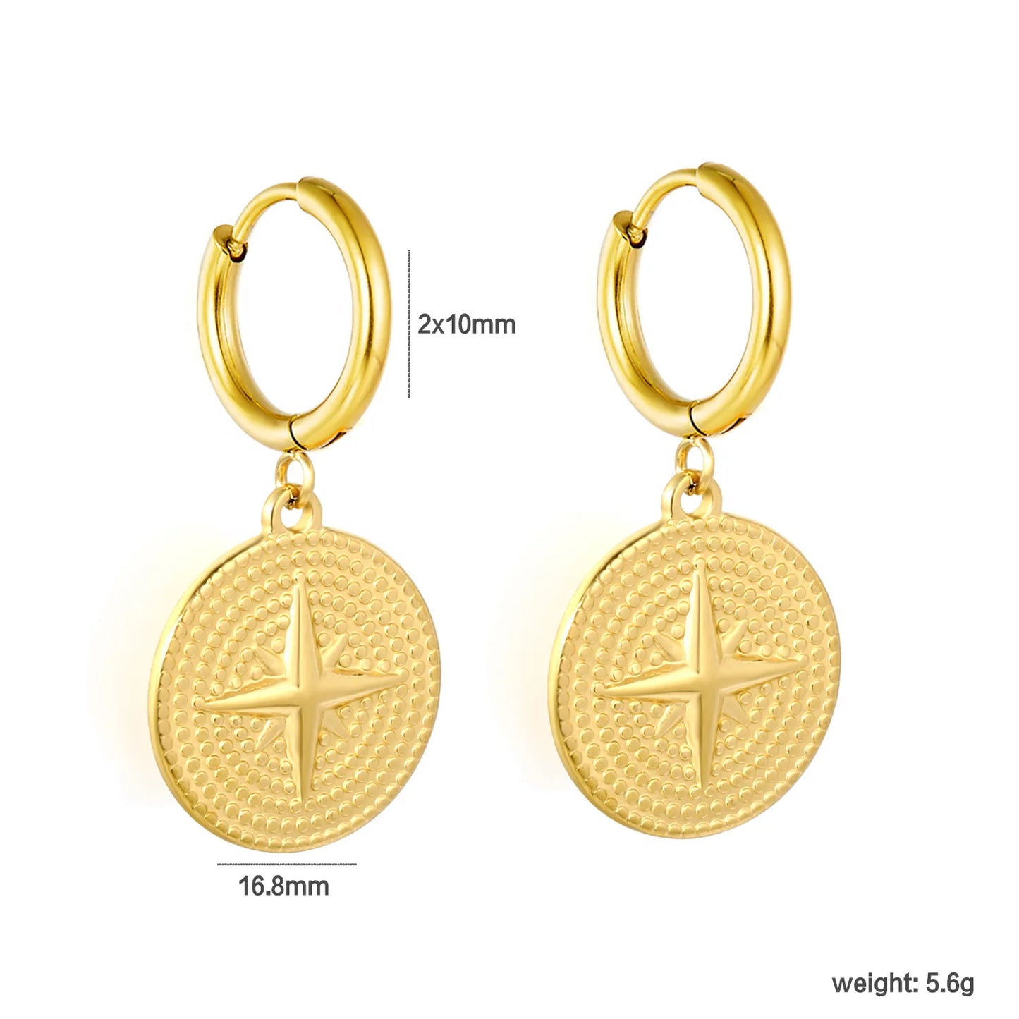 North Star Embossed Coin Dangle Huggie Earrings | 2×10mm Hoop | 18K Gold Plated Stainless Steel | Textured Medallion Drop Earrings | Wholesale MOQ 12