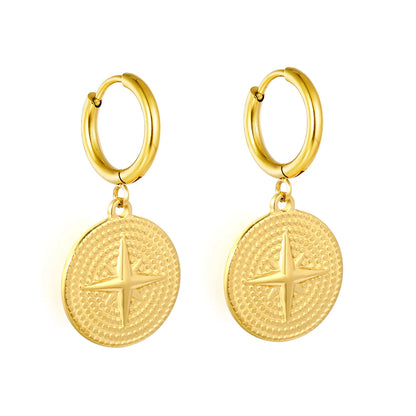 North Star Embossed Coin Dangle Huggie Earrings | 2×10mm Hoop | 18K Gold Plated Stainless Steel | Textured Medallion Drop Earrings | Wholesale MOQ 12