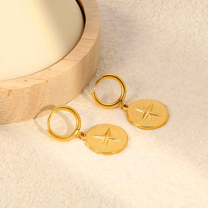 North Star Embossed Coin Dangle Huggie Earrings | 2×10mm Hoop | 18K Gold Plated Stainless Steel | Textured Medallion Drop Earrings | Wholesale MOQ 12