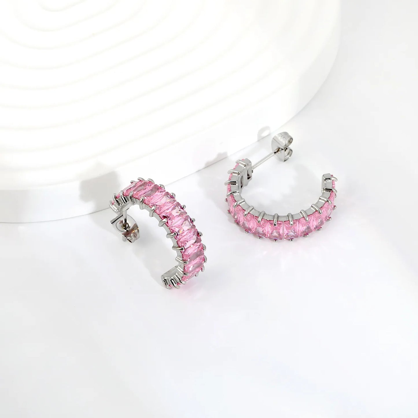 Gradient Pink Baguette CZ Half-Circle C-Hoop Stud Earrings | Silver Tennis Cuff Hoops | Wholesale MOQ 12
