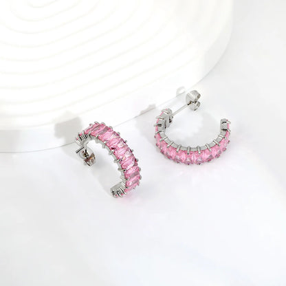Gradient Pink Baguette CZ Half-Circle C-Hoop Stud Earrings | Silver Tennis Cuff Hoops | Wholesale MOQ 12