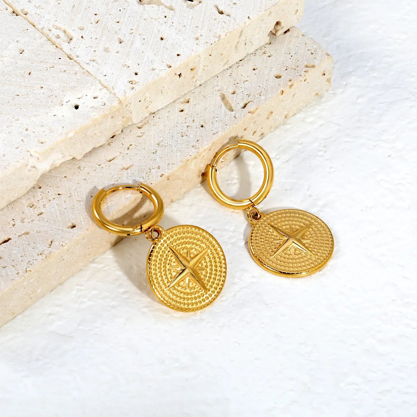 North Star Embossed Coin Dangle Huggie Earrings | 2×10mm Hoop | 18K Gold Plated Stainless Steel | Textured Medallion Drop Earrings | Wholesale MOQ 12