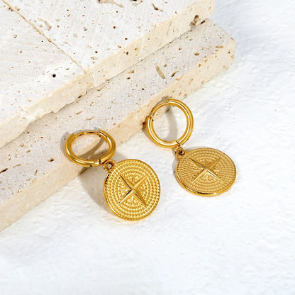 North Star Embossed Coin Dangle Huggie Earrings | 2×10mm Hoop | 18K Gold Plated Stainless Steel | Textured Medallion Drop Earrings | Wholesale MOQ 12