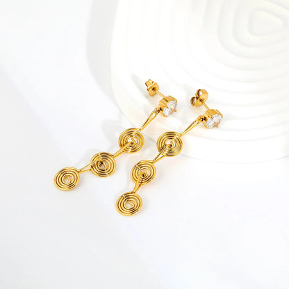 Handmade Wire Spiral CZ Linear Drop Stud Earrings | 18K Gold Plated Stainless Steel | Long Swirl Dangle Earrings | Wholesale MOQ 12