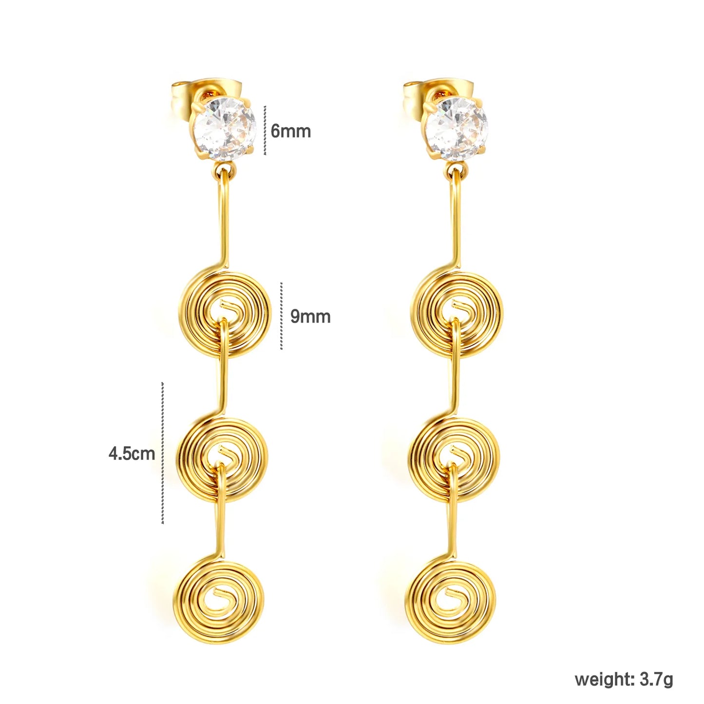 Handmade Wire Spiral CZ Linear Drop Stud Earrings | 18K Gold Plated Stainless Steel | Long Swirl Dangle Earrings | Wholesale MOQ 12