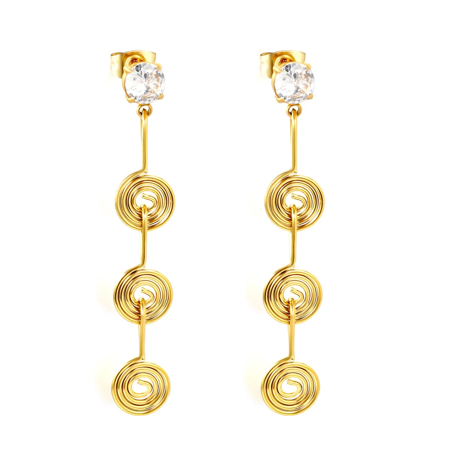 Handmade Wire Spiral CZ Linear Drop Stud Earrings | 18K Gold Plated Stainless Steel | Long Swirl Dangle Earrings | Wholesale MOQ 12