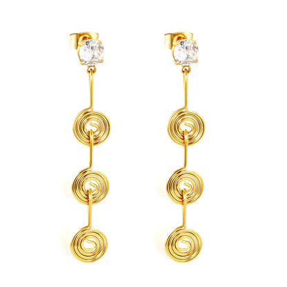 Handmade Wire Spiral CZ Linear Drop Stud Earrings | 18K Gold Plated Stainless Steel | Long Swirl Dangle Earrings | Wholesale MOQ 12