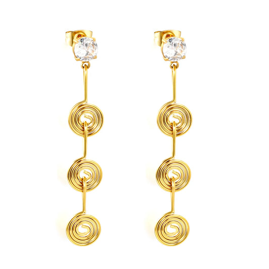 Handmade Wire Spiral CZ Linear Drop Stud Earrings | 18K Gold Plated Stainless Steel | Long Swirl Dangle Earrings | Wholesale MOQ 12