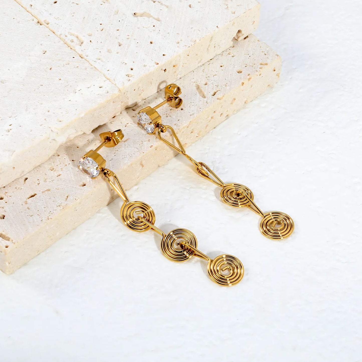 Handmade Wire Spiral CZ Linear Drop Stud Earrings | 18K Gold Plated Stainless Steel | Long Swirl Dangle Earrings | Wholesale MOQ 12
