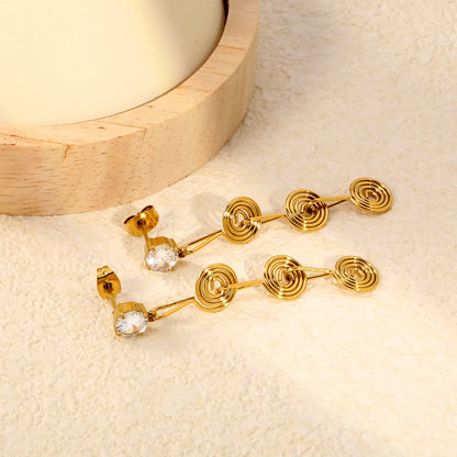 Handmade Wire Spiral CZ Linear Drop Stud Earrings | 18K Gold Plated Stainless Steel | Long Swirl Dangle Earrings | Wholesale MOQ 12