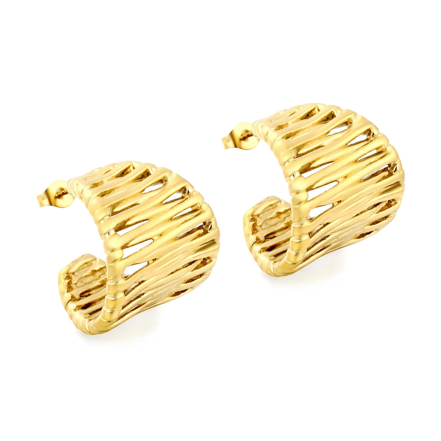 Open Weave Twisted C-Shape Chunky Stud Earrings 25×24mm| Hollow Textured Bold Statement Hoops | Wholesale MOQ 12