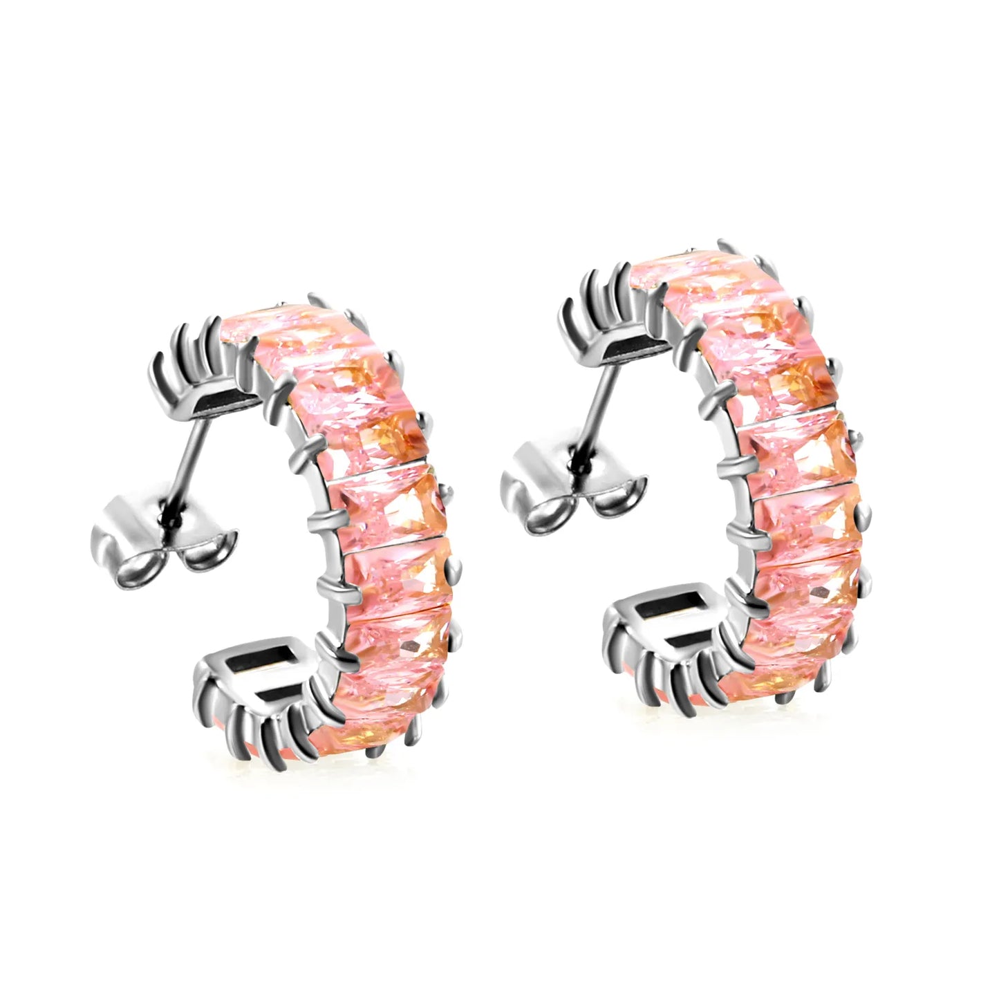 Gradient Pink Baguette CZ Half-Circle C-Hoop Stud Earrings | Silver Tennis Cuff Hoops | Wholesale MOQ 12
