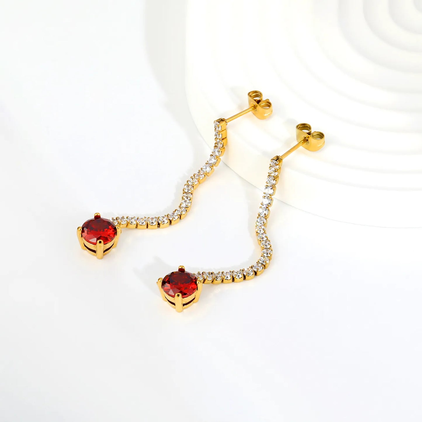 Long Tennis Chain Red CZ Drop Stud Earrings | Two Color Options | Linear Ruby-Tone Dangle Earrings | Wholesale MOQ 12