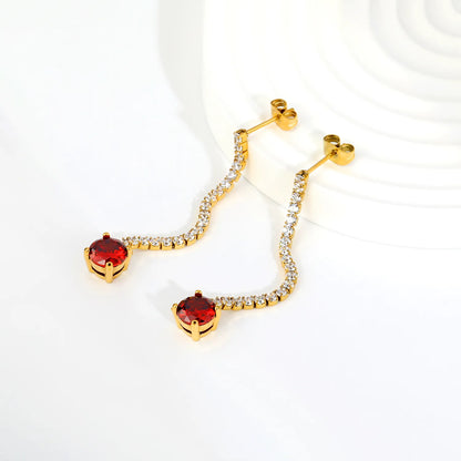 Long Tennis Chain Red CZ Drop Stud Earrings | Two Color Options | Linear Ruby-Tone Dangle Earrings | Wholesale MOQ 12