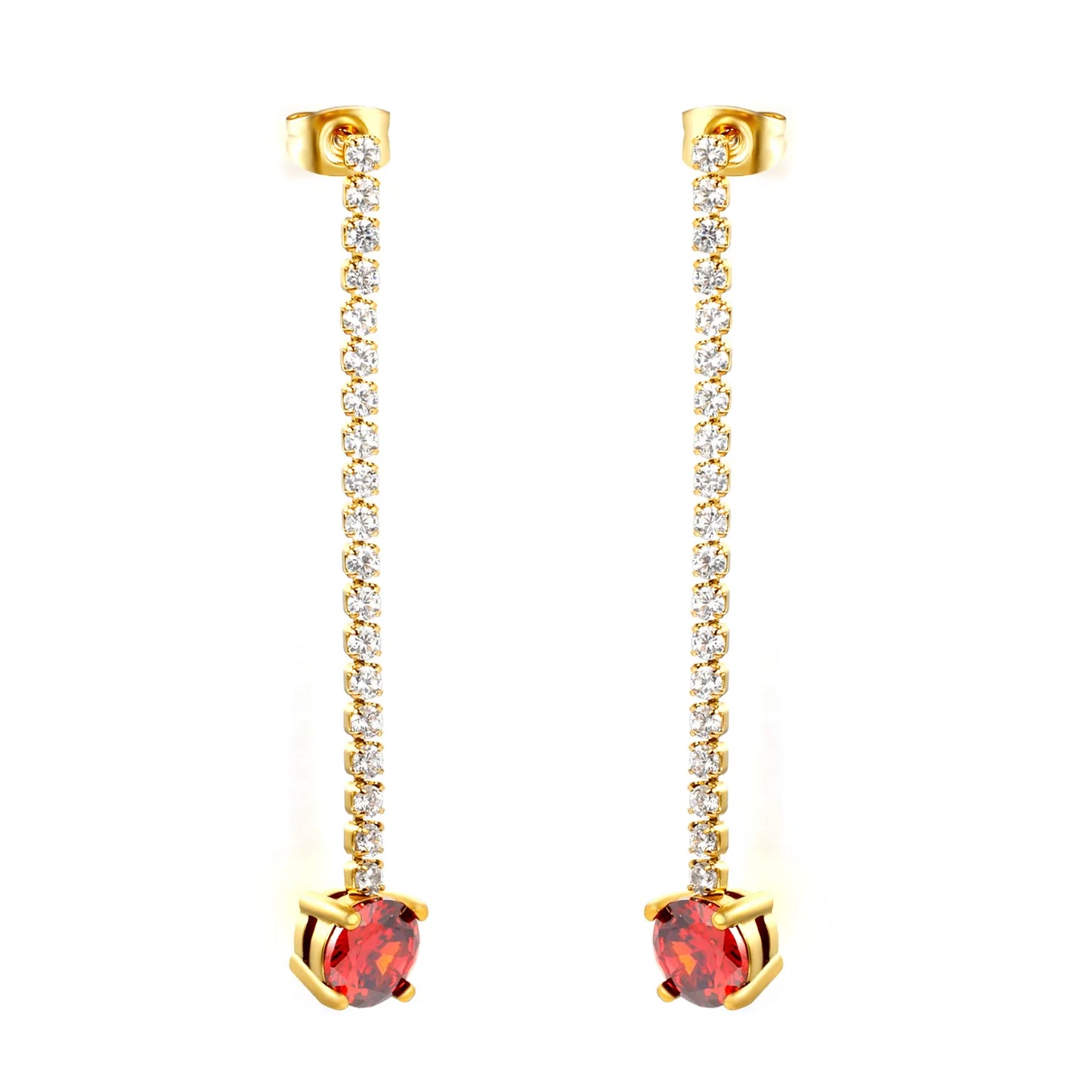 Long Tennis Chain Red CZ Drop Stud Earrings | Two Color Options | Linear Ruby-Tone Dangle Earrings | Wholesale MOQ 12
