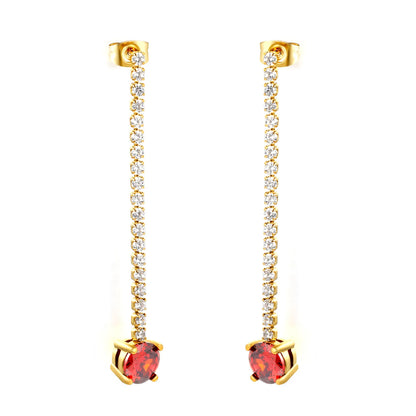Long Tennis Chain Red CZ Drop Stud Earrings | Two Color Options | Linear Ruby-Tone Dangle Earrings | Wholesale MOQ 12