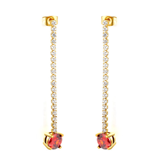 Long Tennis Chain Red CZ Drop Stud Earrings | Two Color Options | Linear Ruby-Tone Dangle Earrings | Wholesale MOQ 12